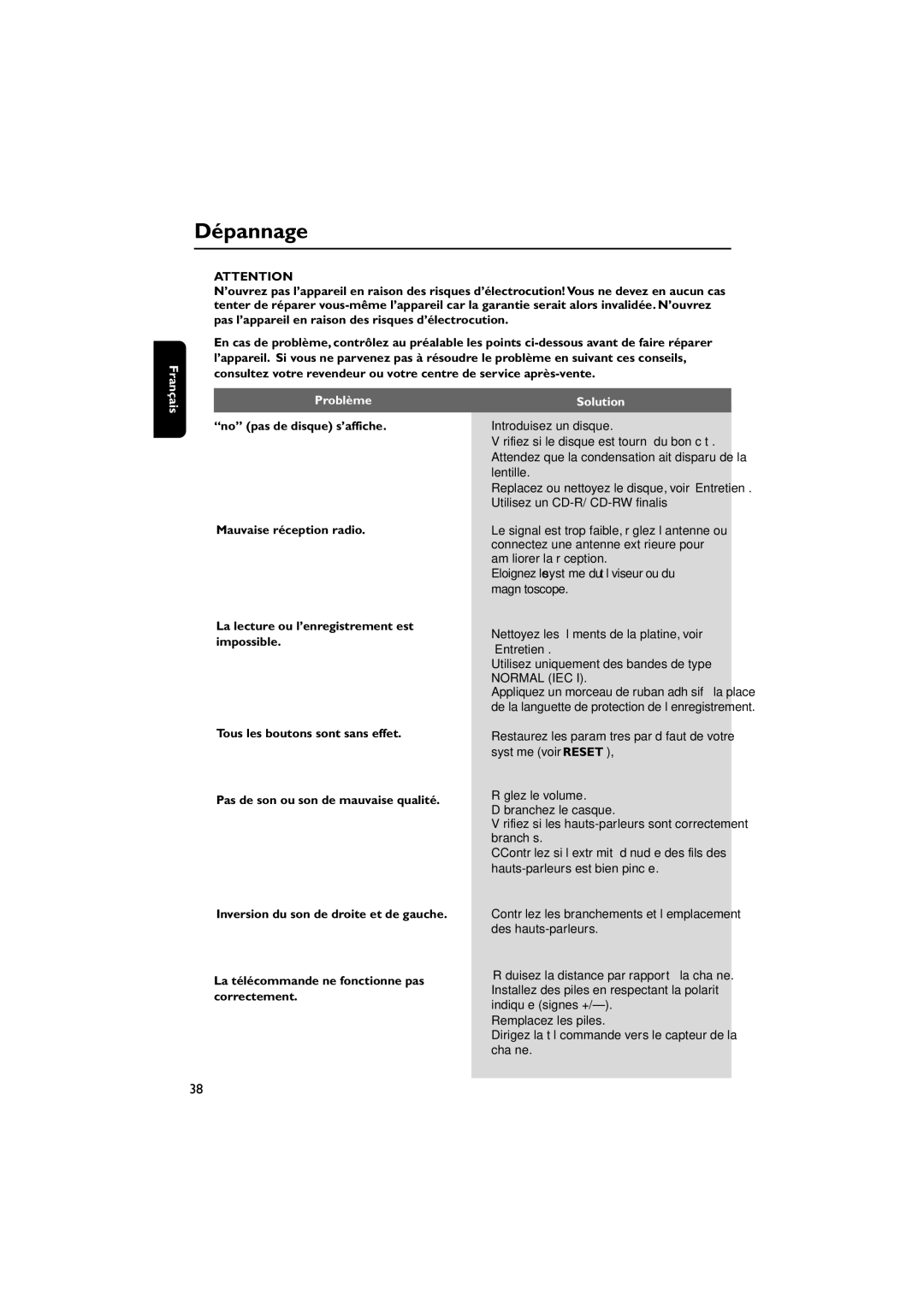 Magnavox MAS85 owner manual Dépannage, La télécommande ne fonctionne pas correctement 