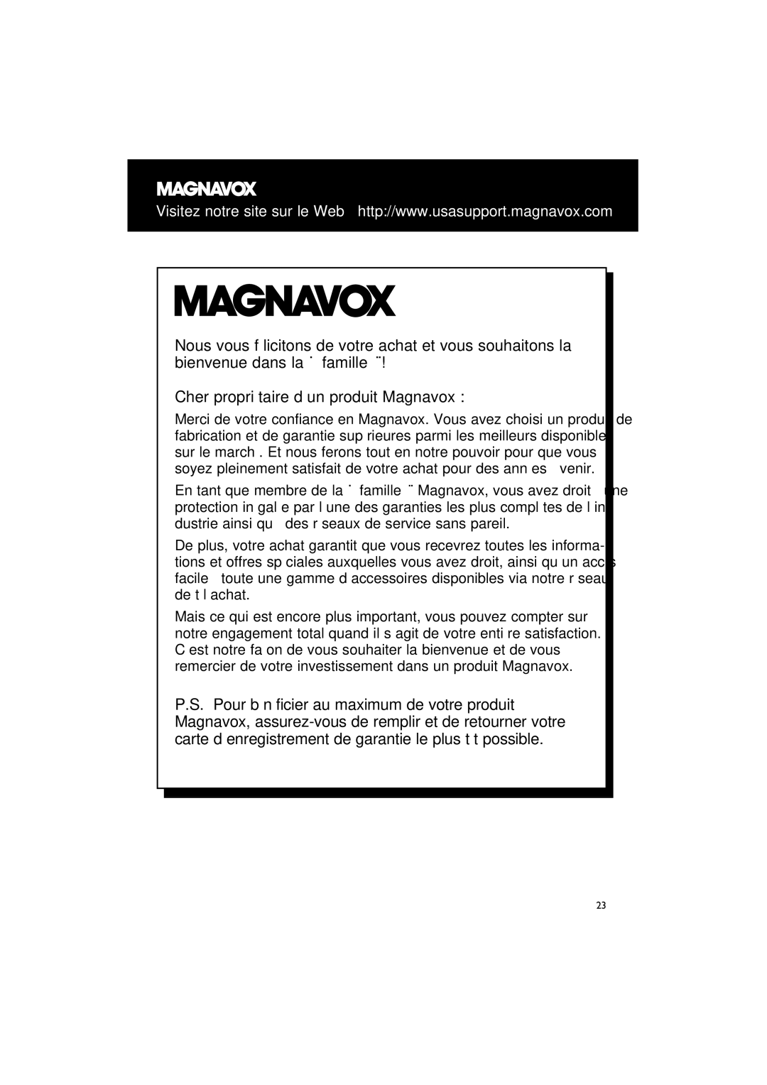 Magnavox MAS85 owner manual Cher propriétaire d’un produit Magnavox 