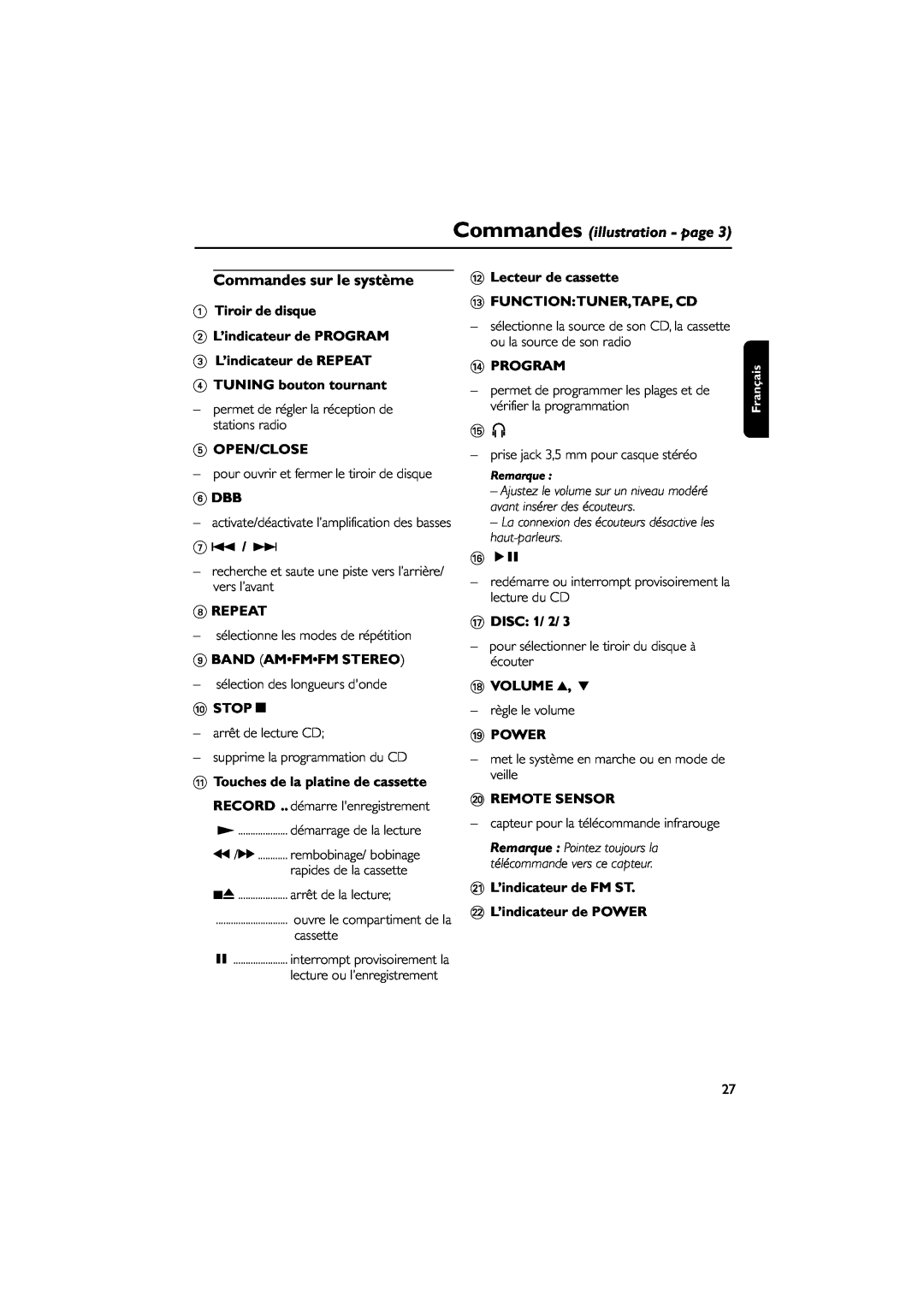 Magnavox MAS85 owner manual Commandes illustration - page, Commandes sur le système 