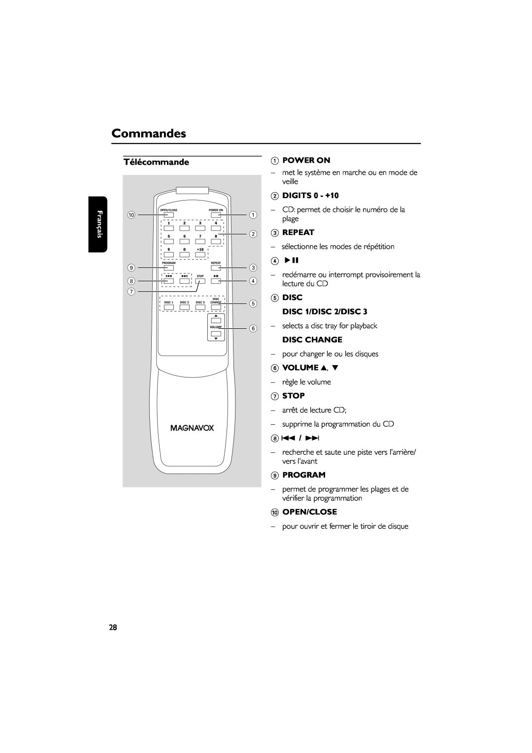 Magnavox MAS85 owner manual Commandes, Télécommande 