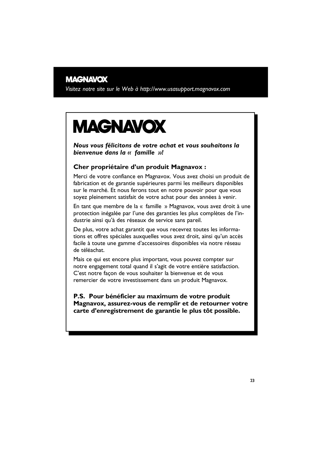 Magnavox MAS85 owner manual Cher propriétaire d’un produit Magnavox 