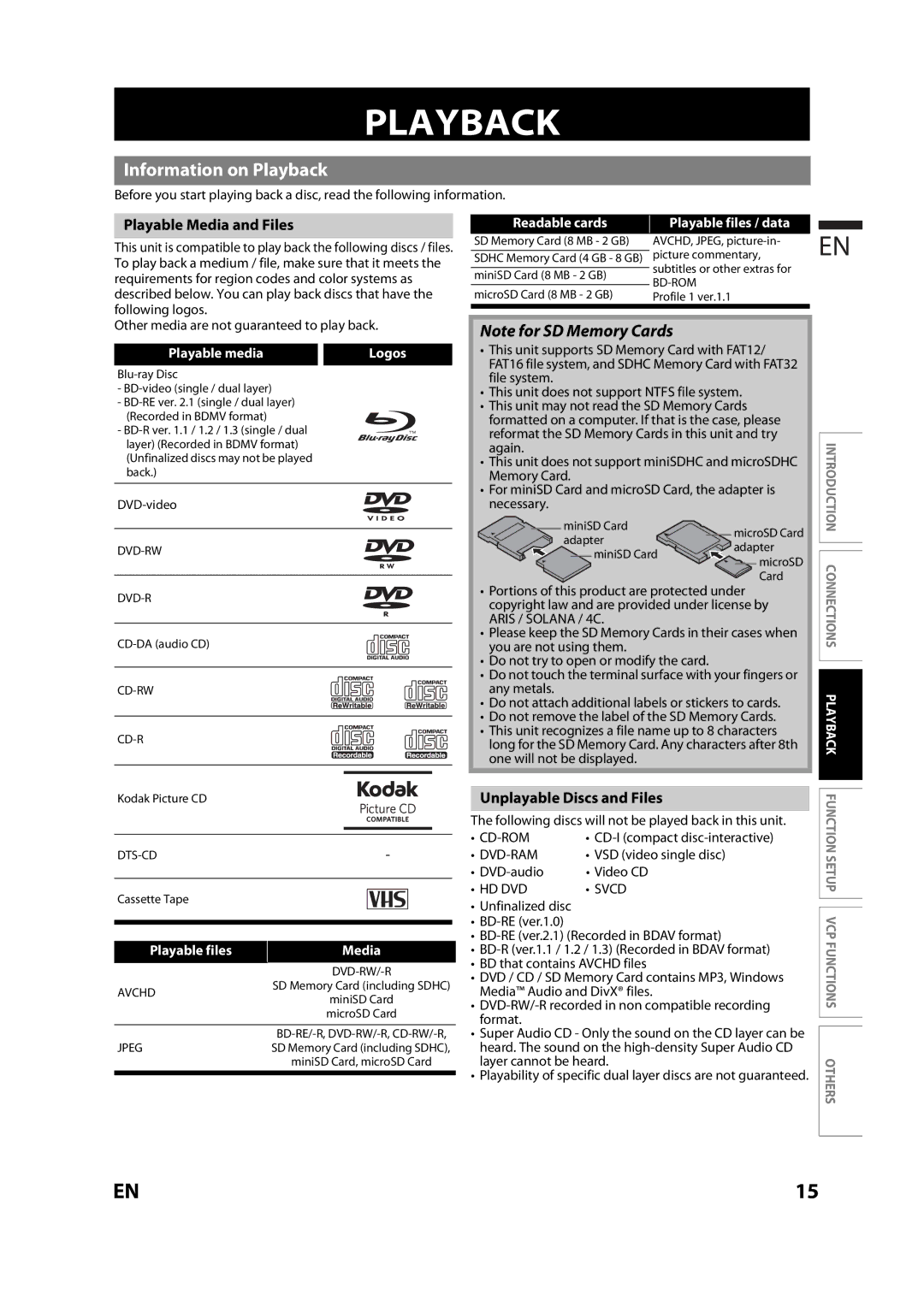 Magnavox MBP110V/F7 owner manual Information on Playback, Playable Media and Files, Unplayable Discs and Files 