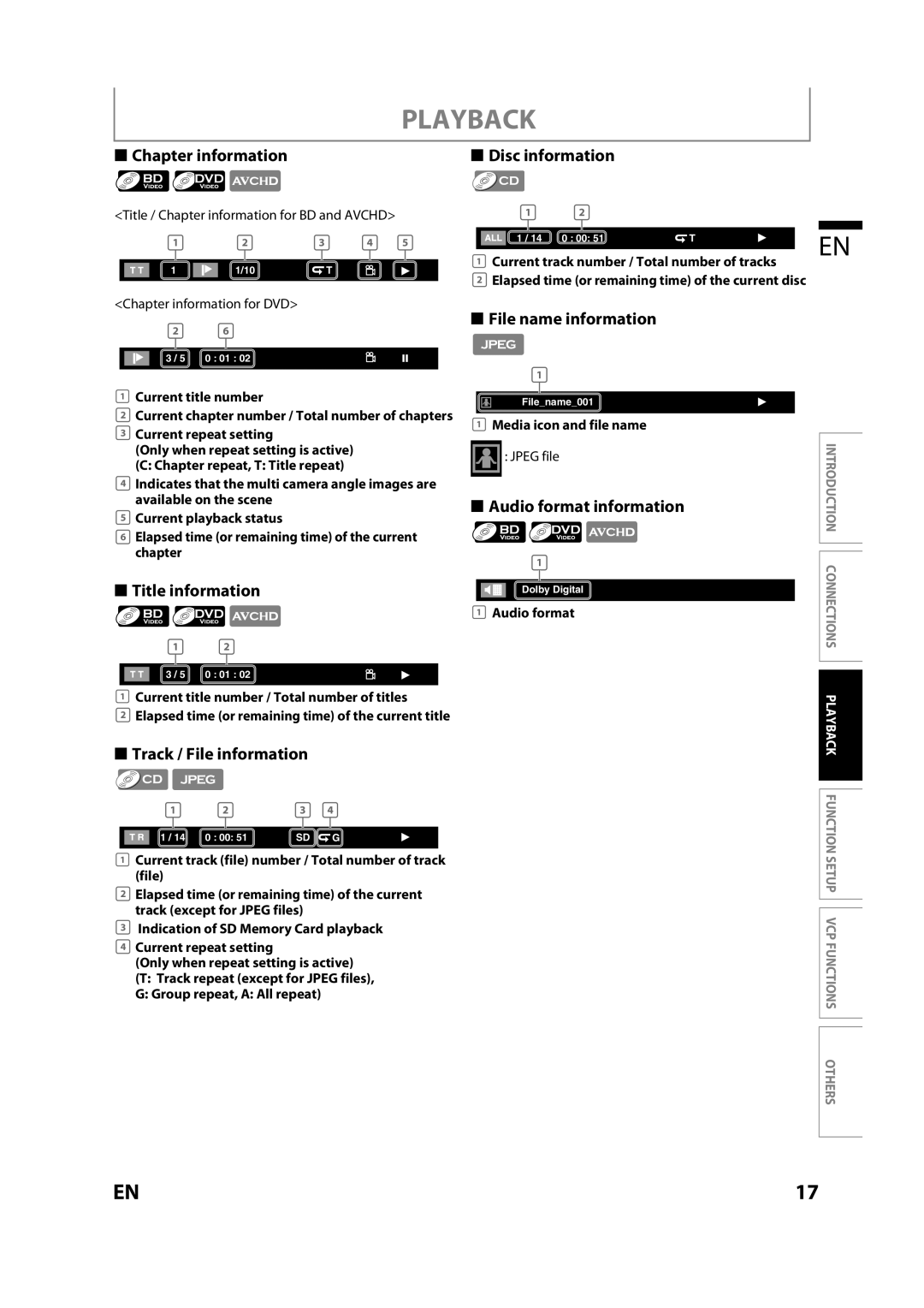 Magnavox MBP110V/F7 owner manual Chapter information, Disc information, File name information, Title information 