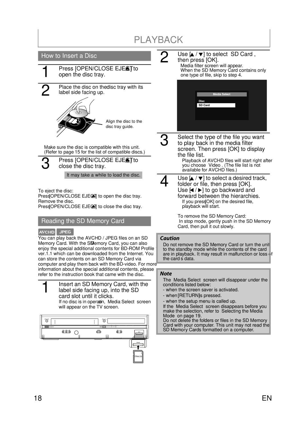 Magnavox MBP110V/F7 owner manual How to Insert a Disc, Reading the SD Memory Card 
