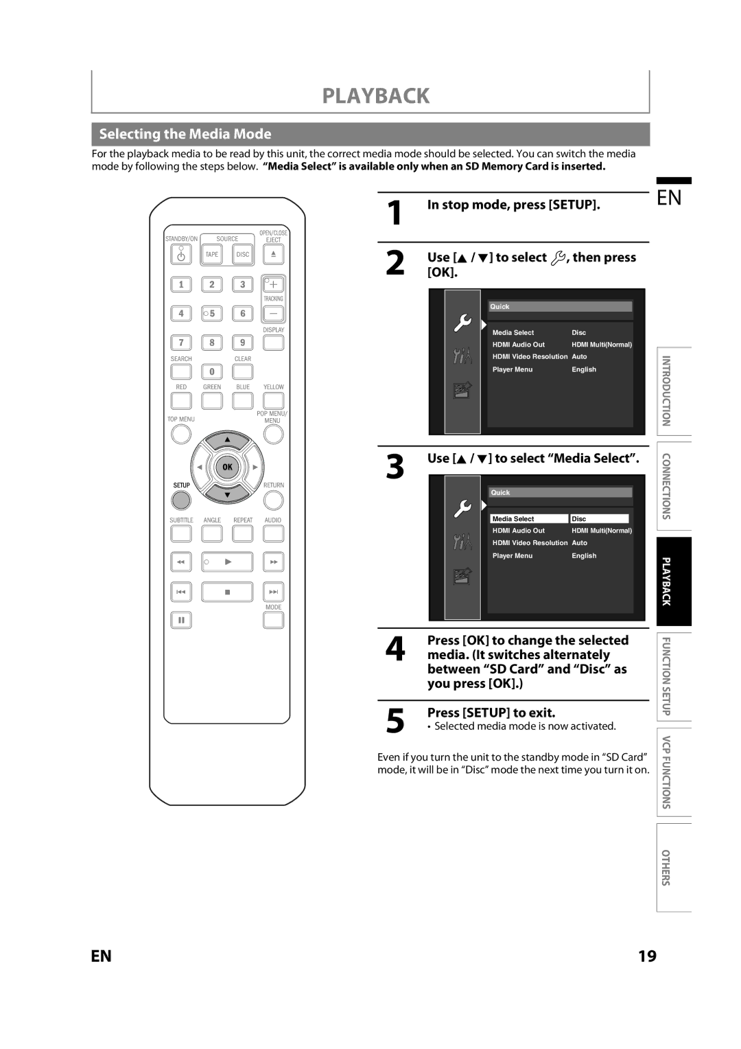 Magnavox MBP110V/F7 owner manual Selecting the Media Mode, Stop mode, press Setup Use K / L to select , then press OK 
