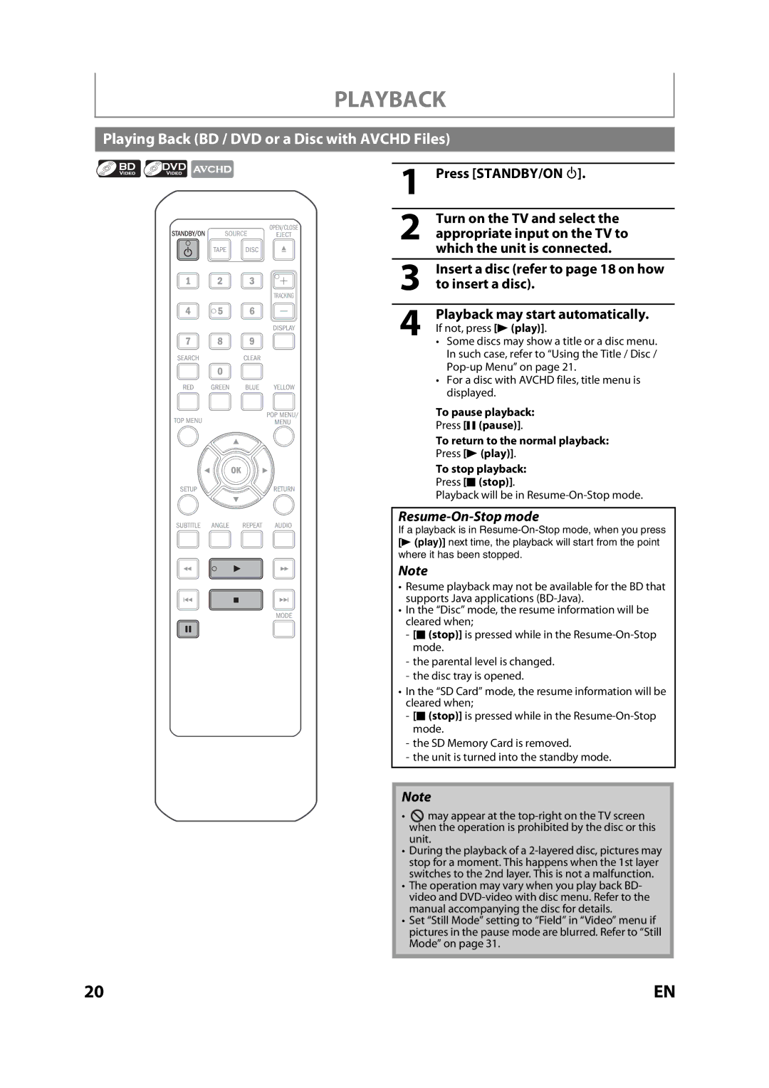 Magnavox MBP110V/F7 Playing Back BD / DVD or a Disc with Avchd Files, To insert a disc, Playback may start automatically 