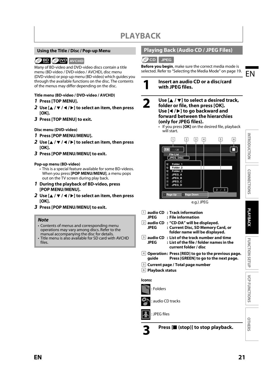 Magnavox MBP110V/F7 owner manual Playing Back Audio CD / Jpeg Files, Insert an audio CD or a disc/card with Jpeg files 