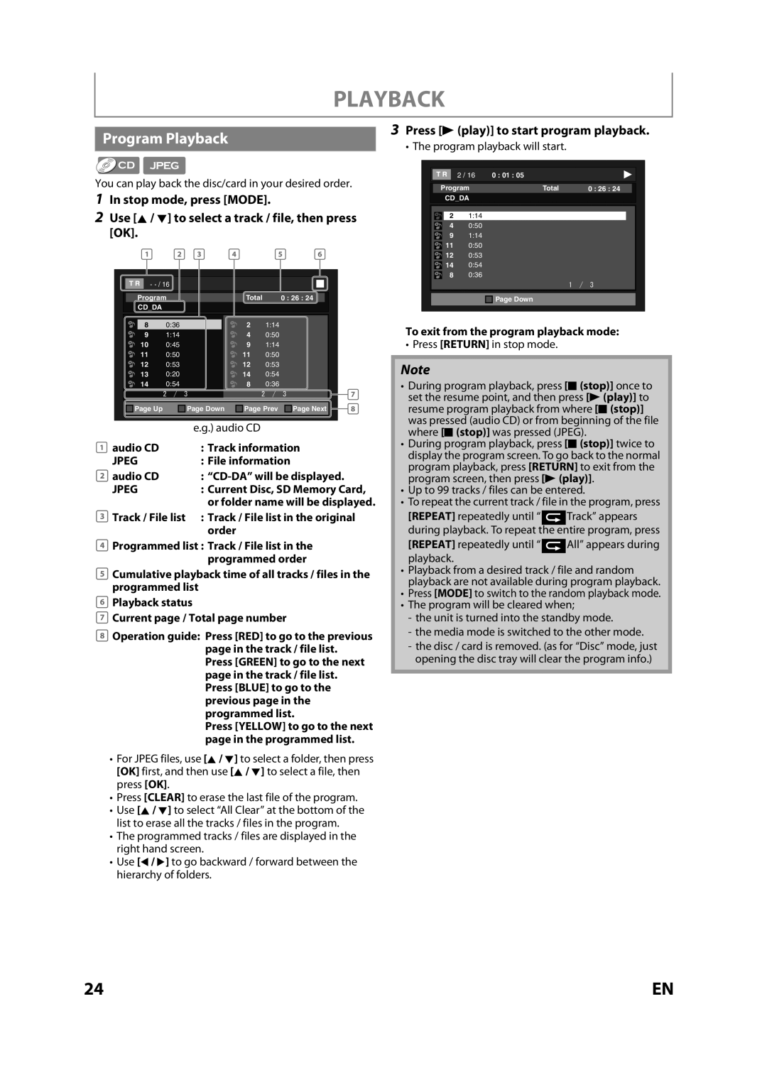 Magnavox MBP110V/F7 owner manual Program Playback, Press B play to start program playback, Audio CD Track information 