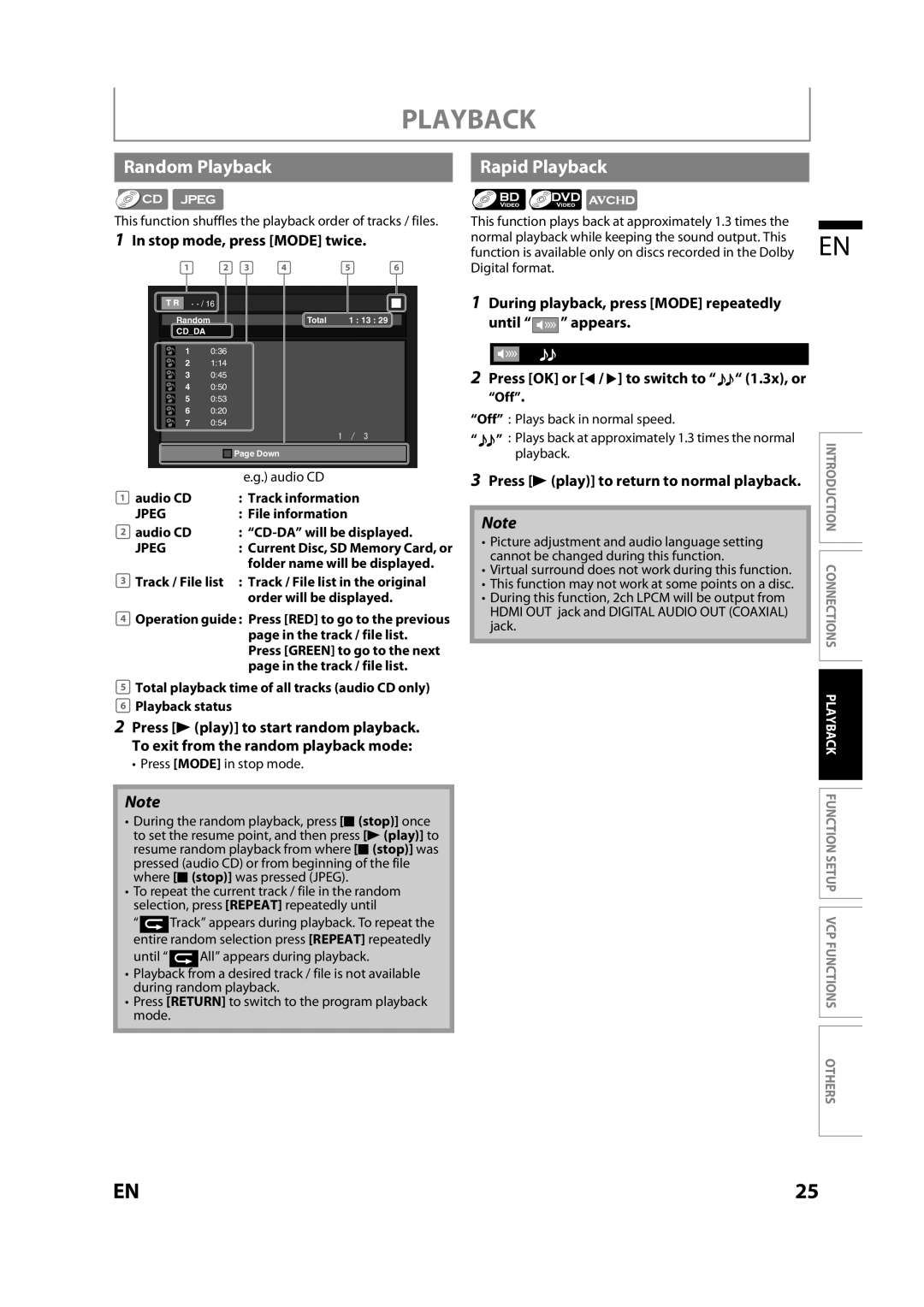 Magnavox MBP110V/F7 owner manual Random Playback Rapid Playback, Stop mode, press Mode twice, Off 