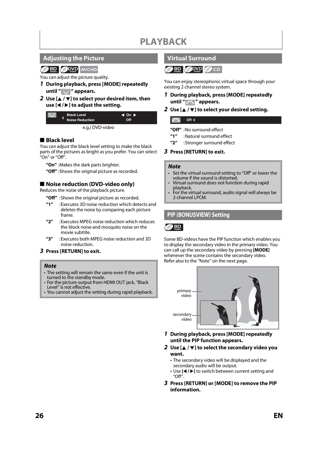 Magnavox MBP110V/F7 owner manual Adjusting the Picture Virtual Surround, PIP Bonusview Setting, Black level 