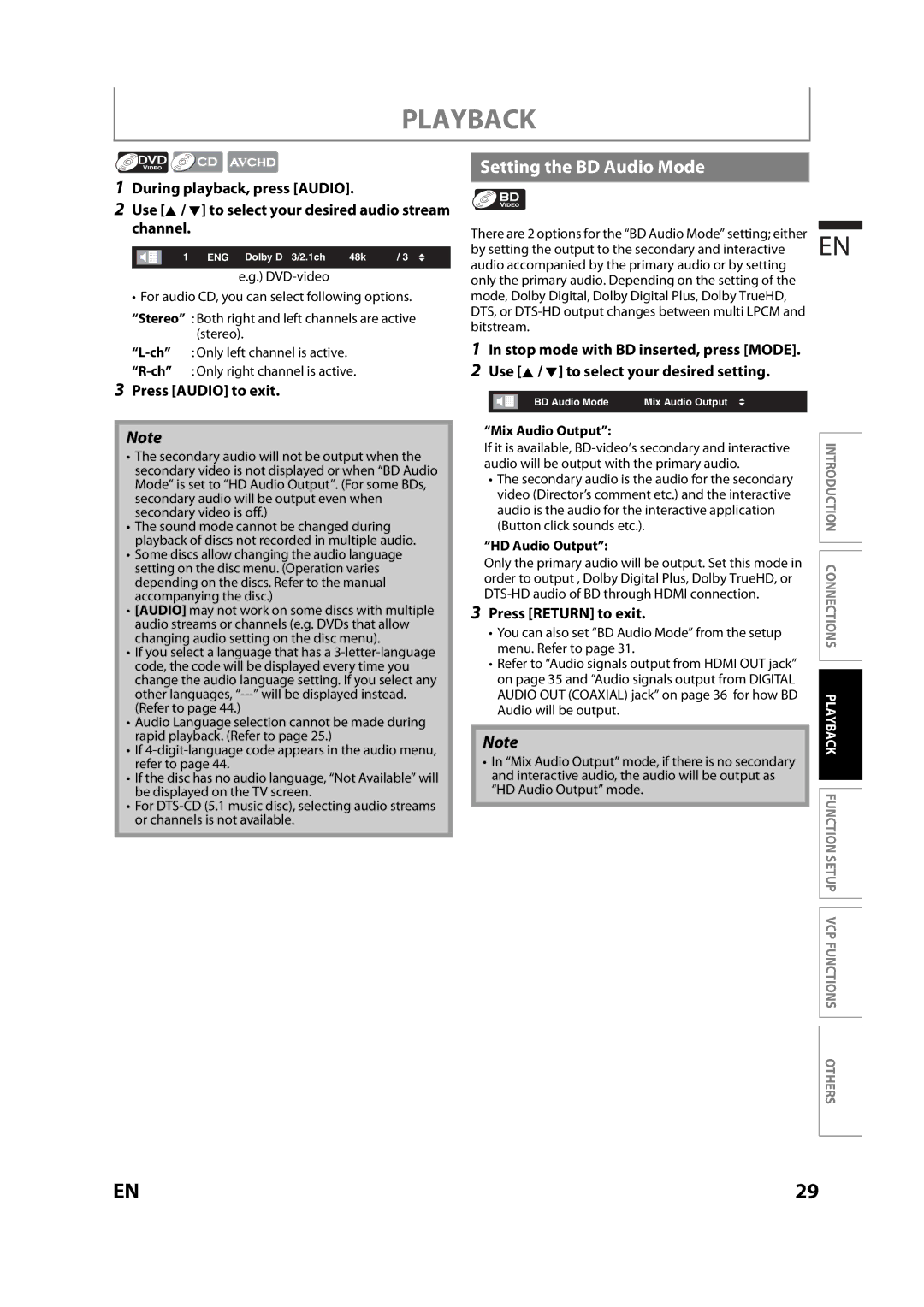 Magnavox MBP110V/F7 owner manual Setting the BD Audio Mode, Mix Audio Output, HD Audio Output 