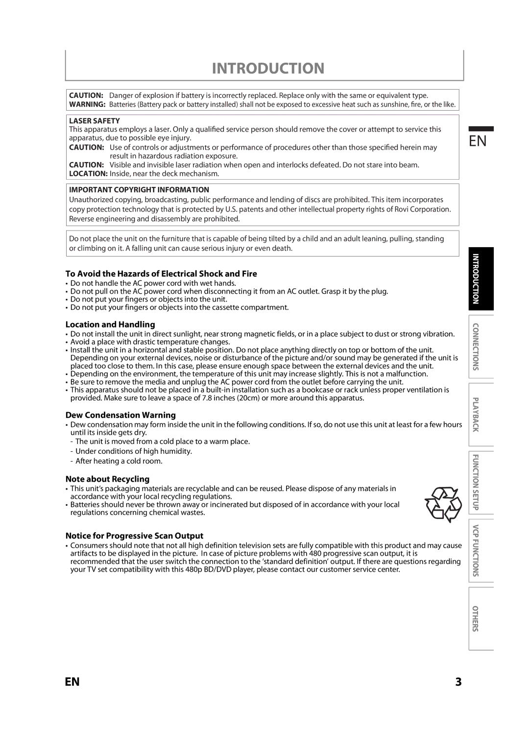 Magnavox MBP110V/F7 owner manual Introduction, To Avoid the Hazards of Electrical Shock and Fire, Location and Handling 