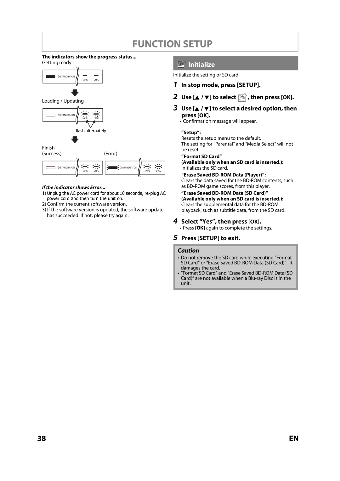 Magnavox MBP110V/F7 owner manual Initialize, Select Yes, then press OK, Indicators show the progress status, Setup 