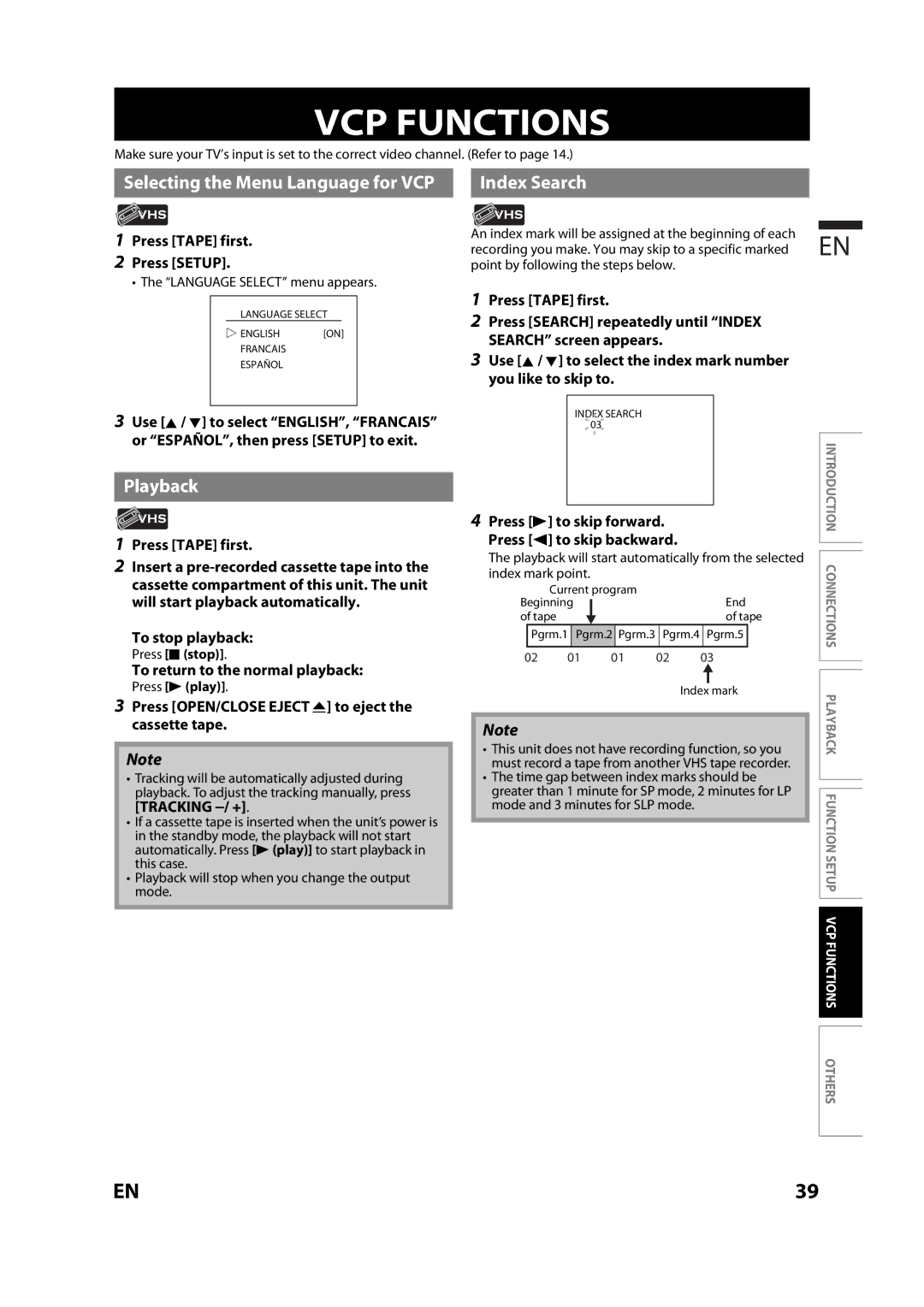 Magnavox MBP110V/F7 owner manual VCP Functions, Selecting the Menu Language for VCP, Playback, Index Search 