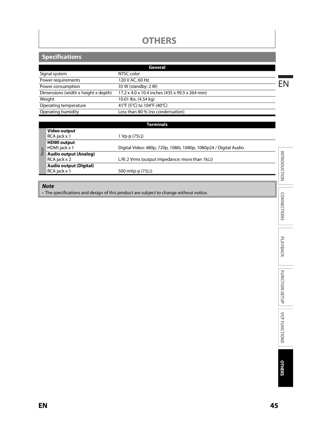 Magnavox MBP110V/F7 owner manual Specifications, General, Terminals 