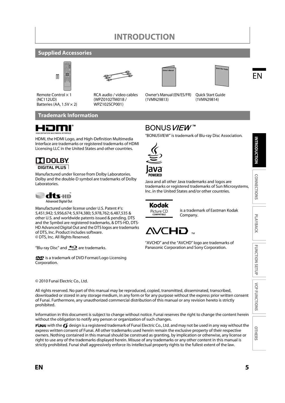 Magnavox MBP110V/F7 owner manual Supplied Accessories, Trademark Information, Remote Control × 