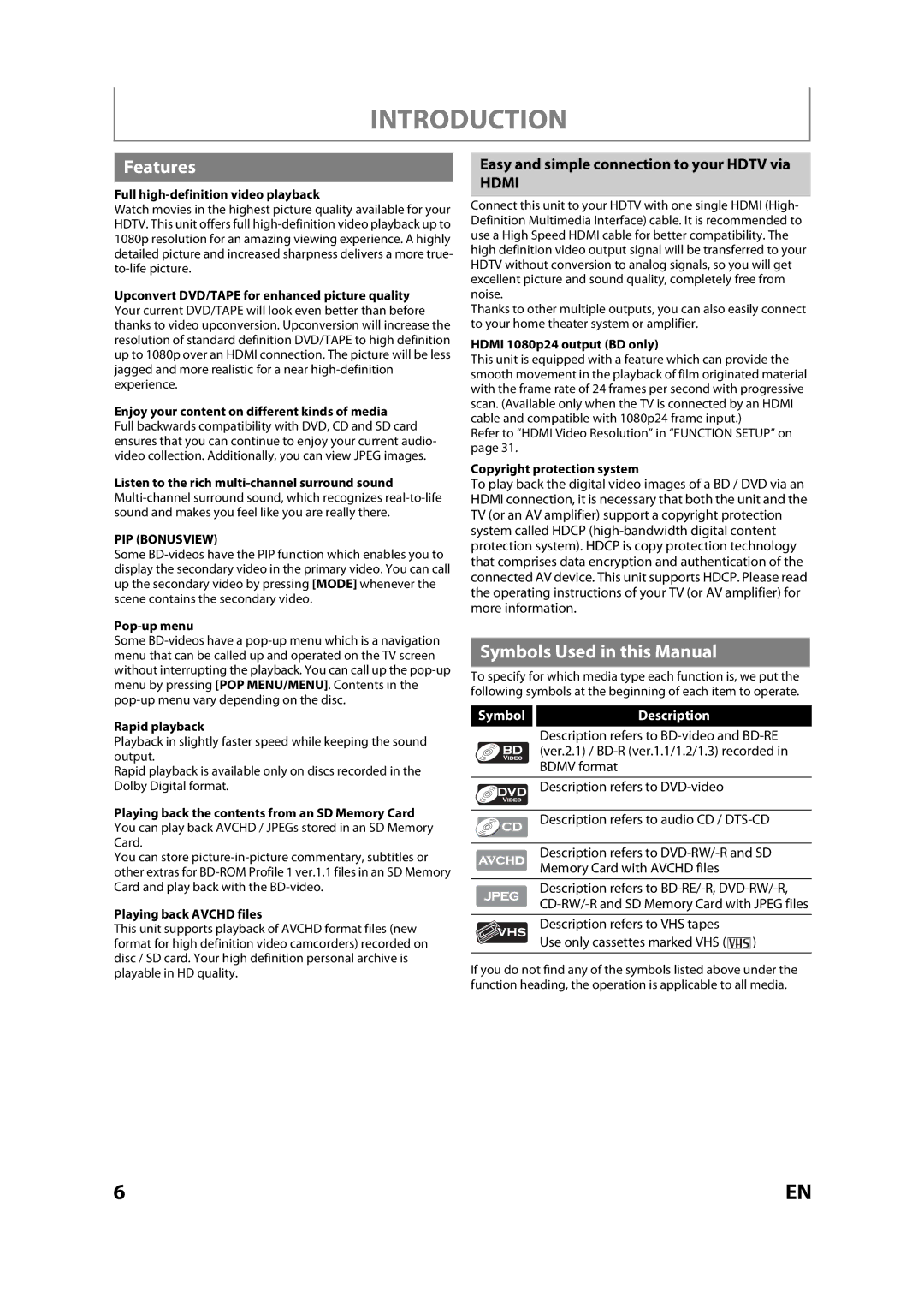 Magnavox MBP110V/F7 Features, Symbols Used in this Manual, Easy and simple connection to your Hdtv via, SymbolDescription 