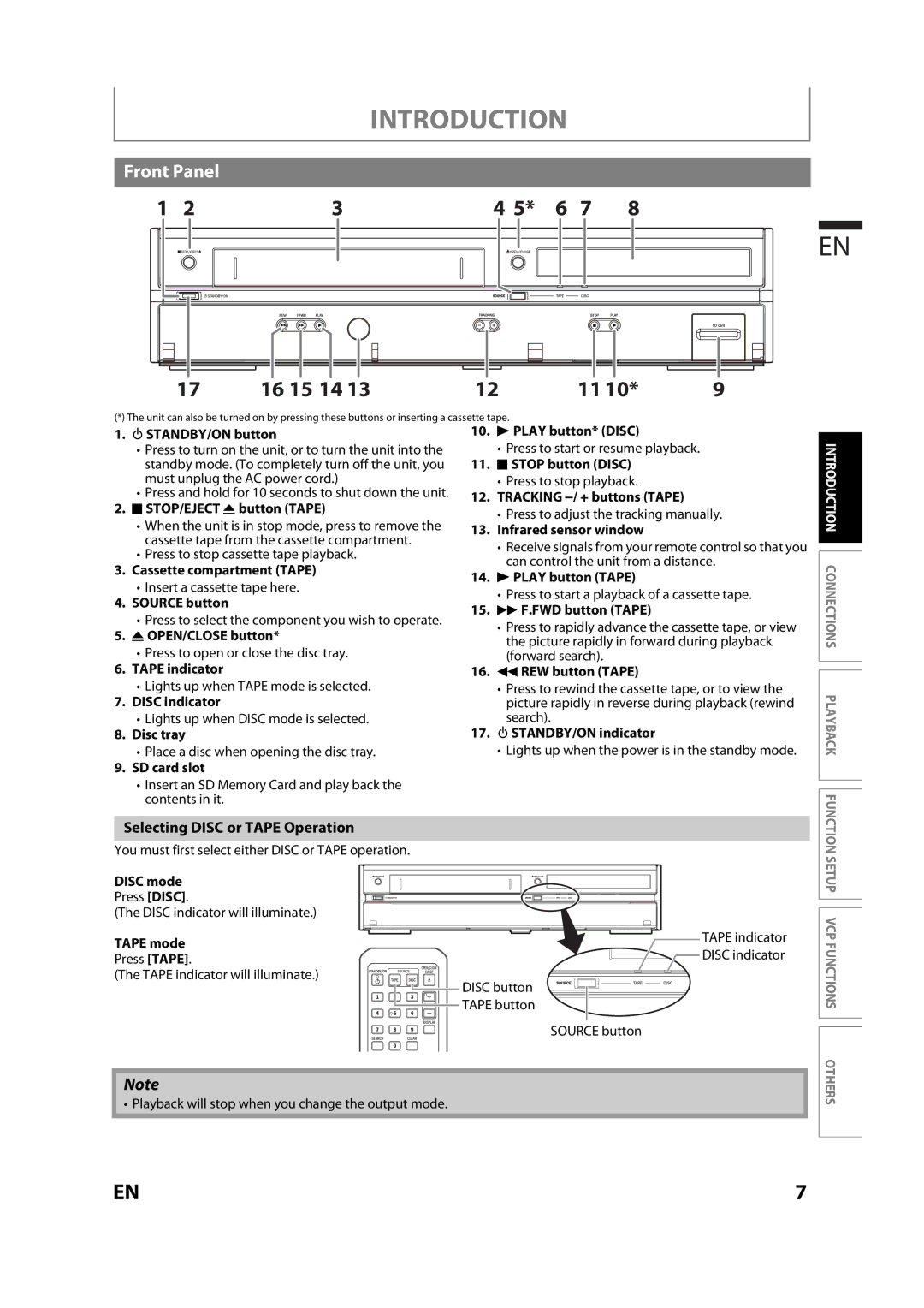 Magnavox MBP110V/F7 owner manual Front Panel, Selecting Disc or Tape Operation 