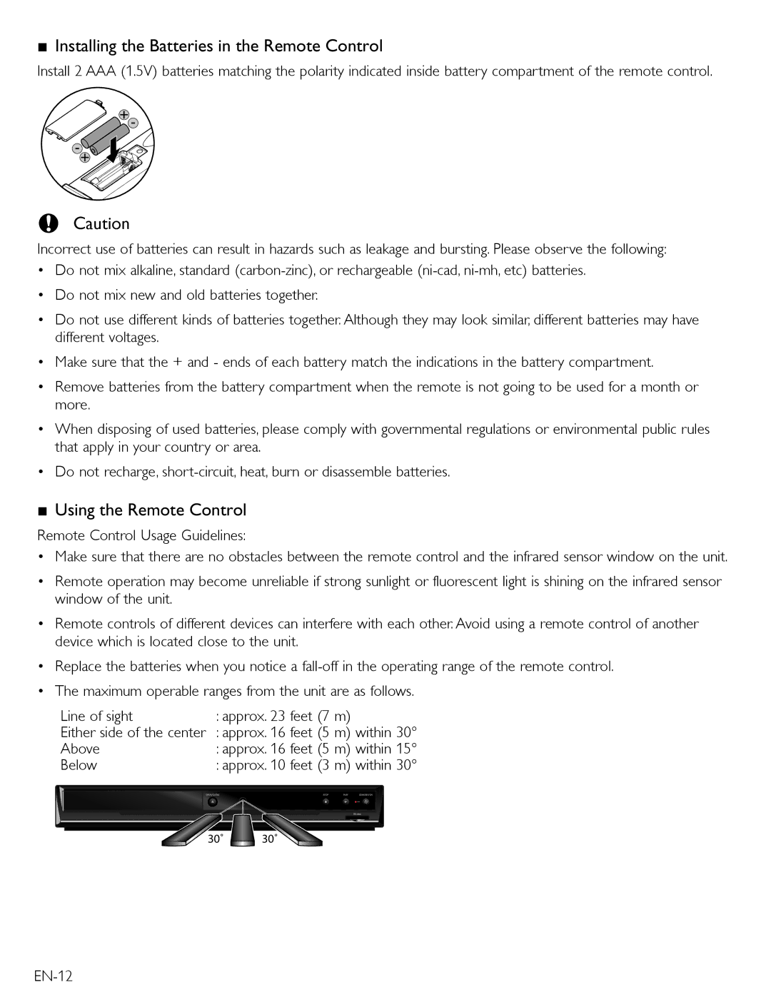 Magnavox MBP5210 owner manual Installing the Batteries in the Remote Control, Using the Remote Control, Above, Below, EN-12 