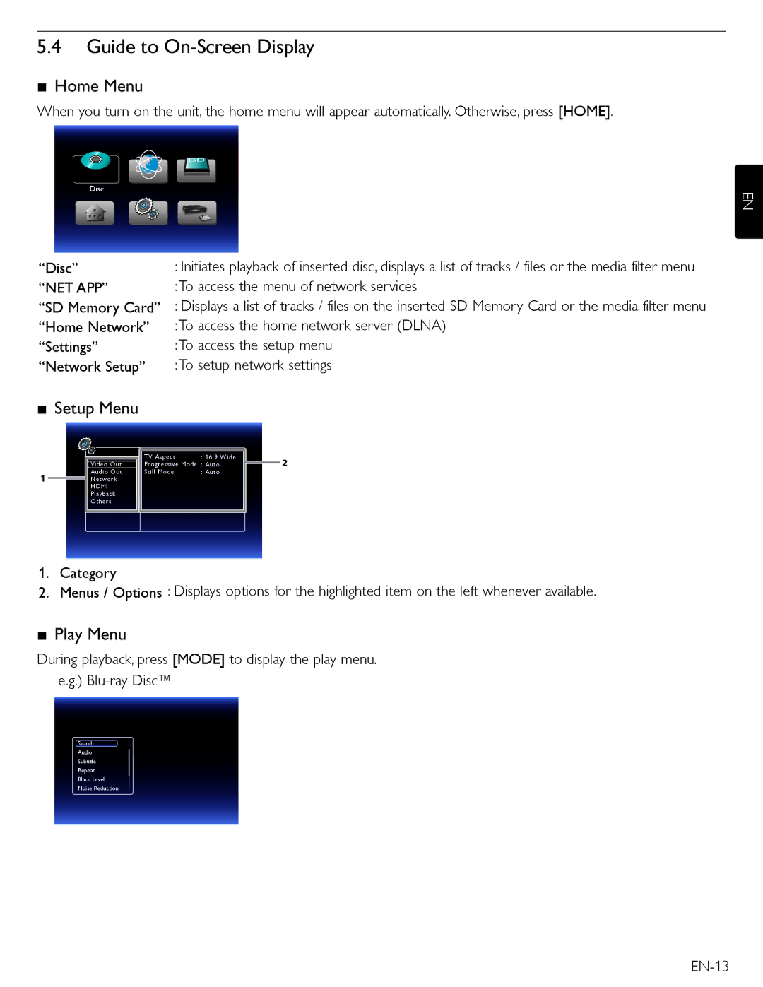 Magnavox MBP5210 owner manual Guide to On-Screen Display, Home Menu, Setup Menu, Play Menu, EN-13 