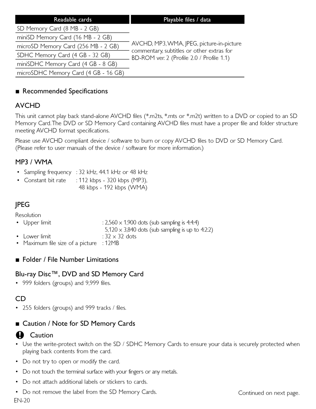 Magnavox MBP5210 owner manual Recommended Specifications, Readable cards, Playable files / data 