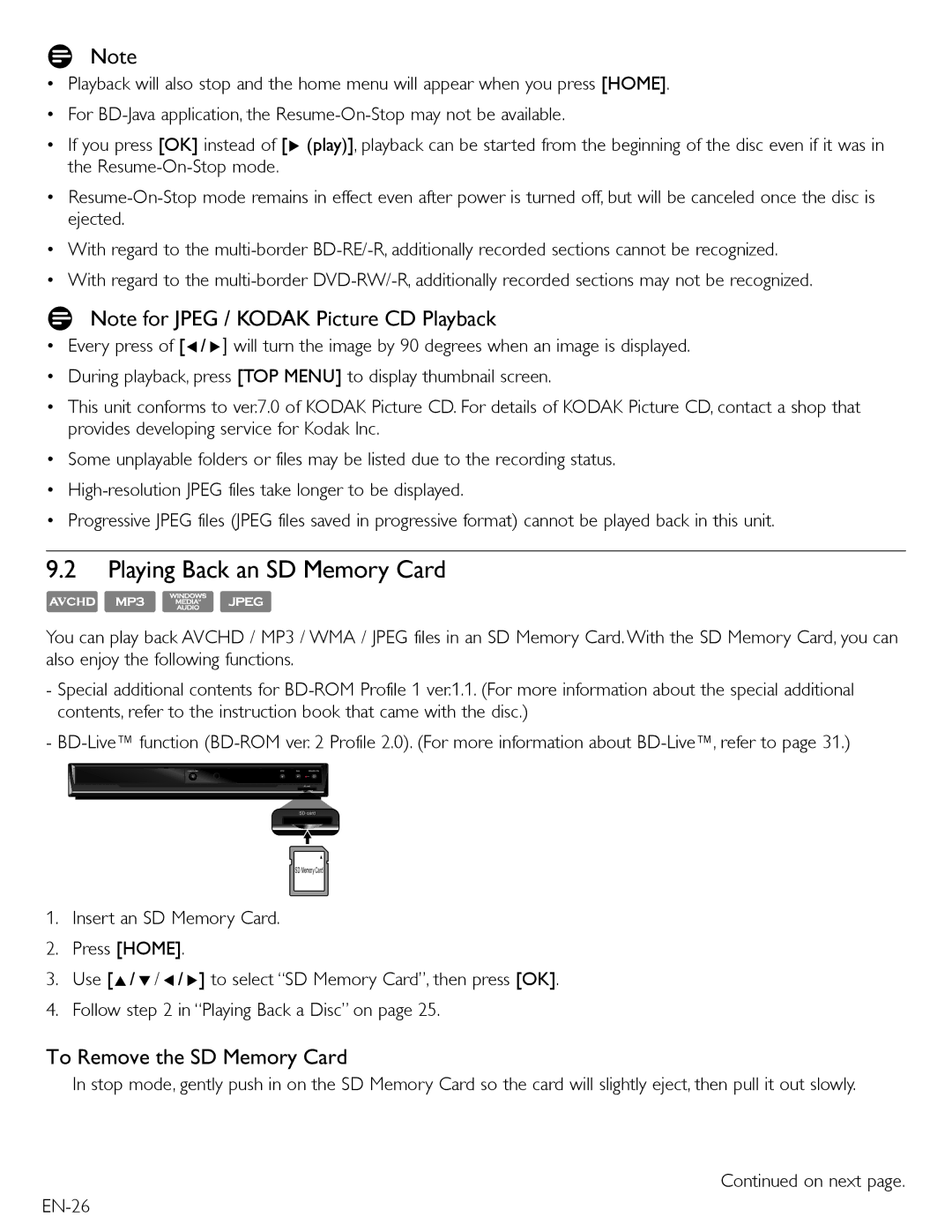 Magnavox MBP5210 owner manual Playing Back an SD Memory Card, To Remove the SD Memory Card 