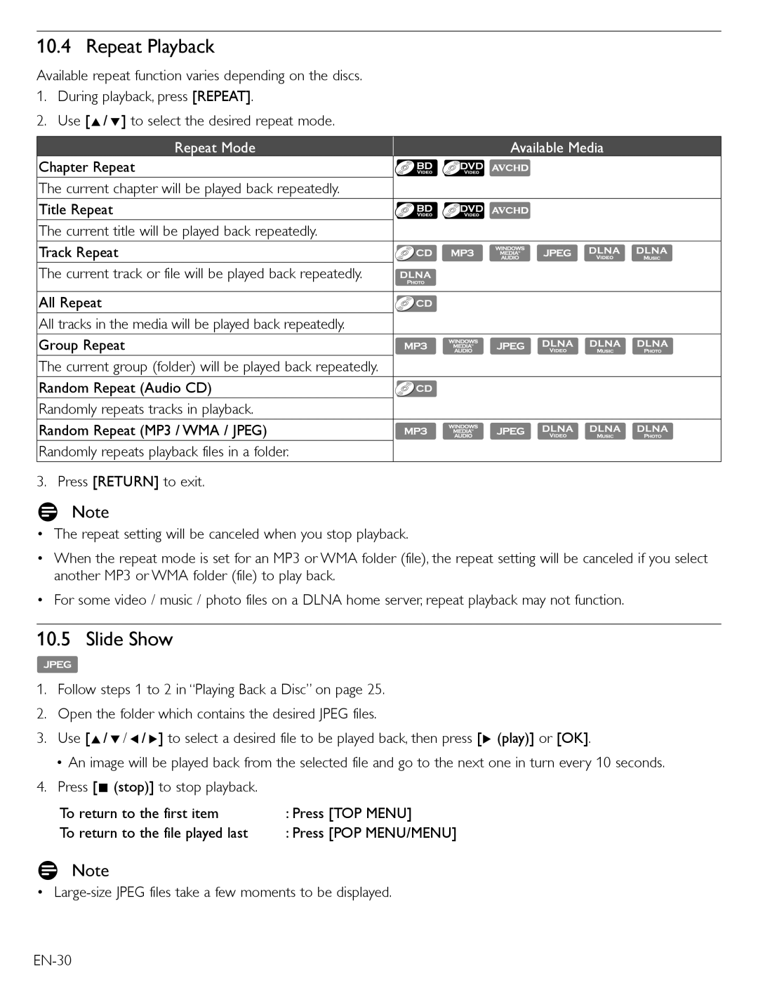 Magnavox MBP5210 owner manual Repeat Playback, Slide Show, Repeat Mode 