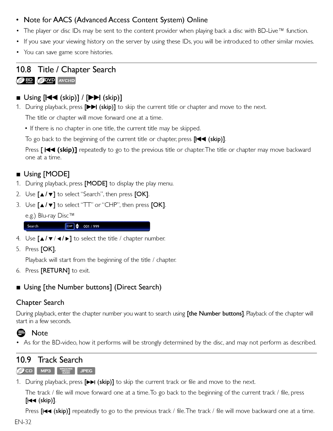 Magnavox MBP5210 owner manual Title / Chapter Search, Track Search, Using H skip / G skip, Using Mode 