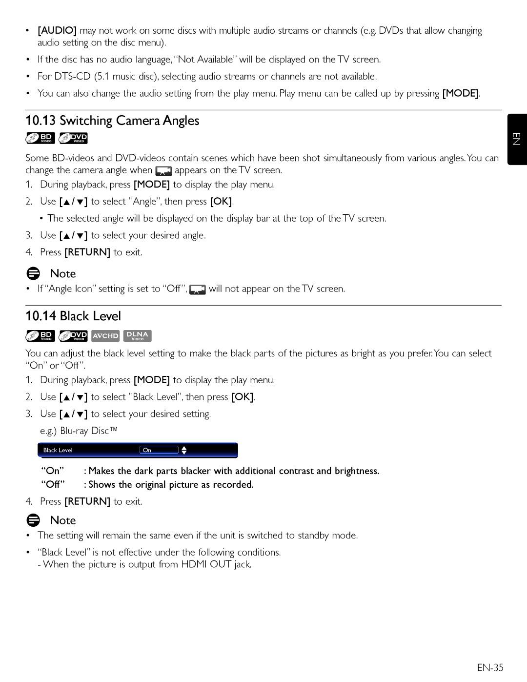 Magnavox MBP5210 owner manual Switching Camera Angles, Black Level, EN-35 