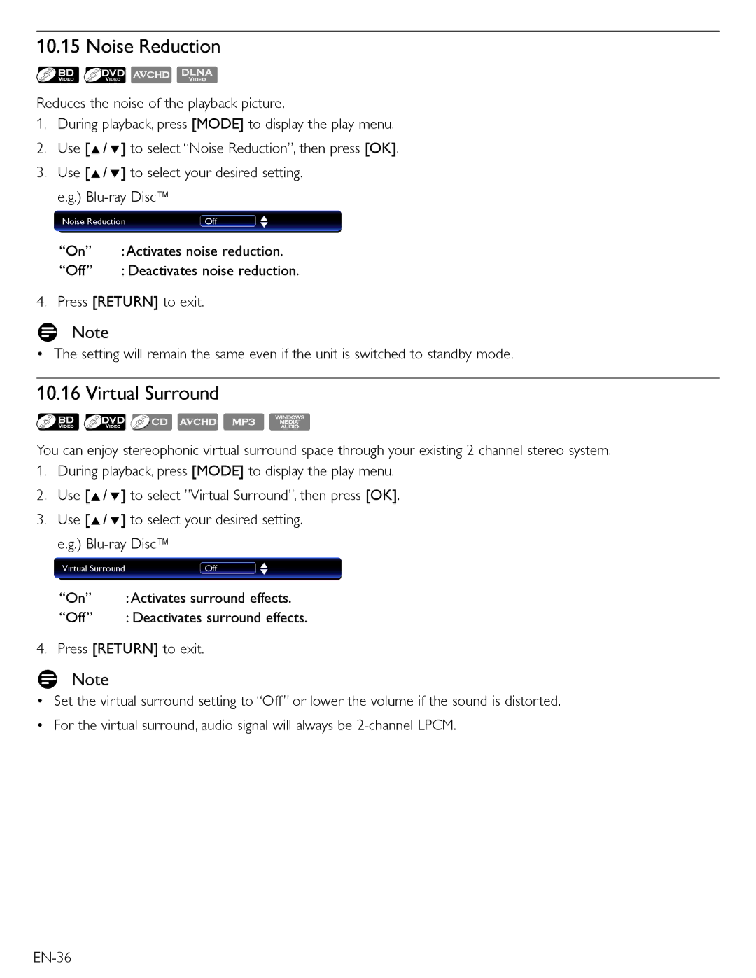 Magnavox MBP5210 owner manual Noise Reduction, Virtual Surround, Activates noise reduction, Off, Activates surround effects 