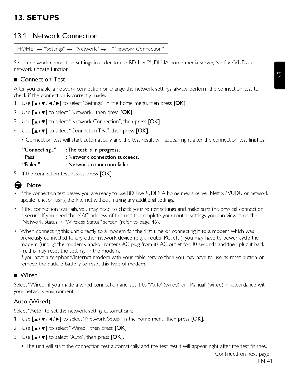 Magnavox MBP5210 owner manual Setups, Network Connection, Connection Test, Auto Wired 