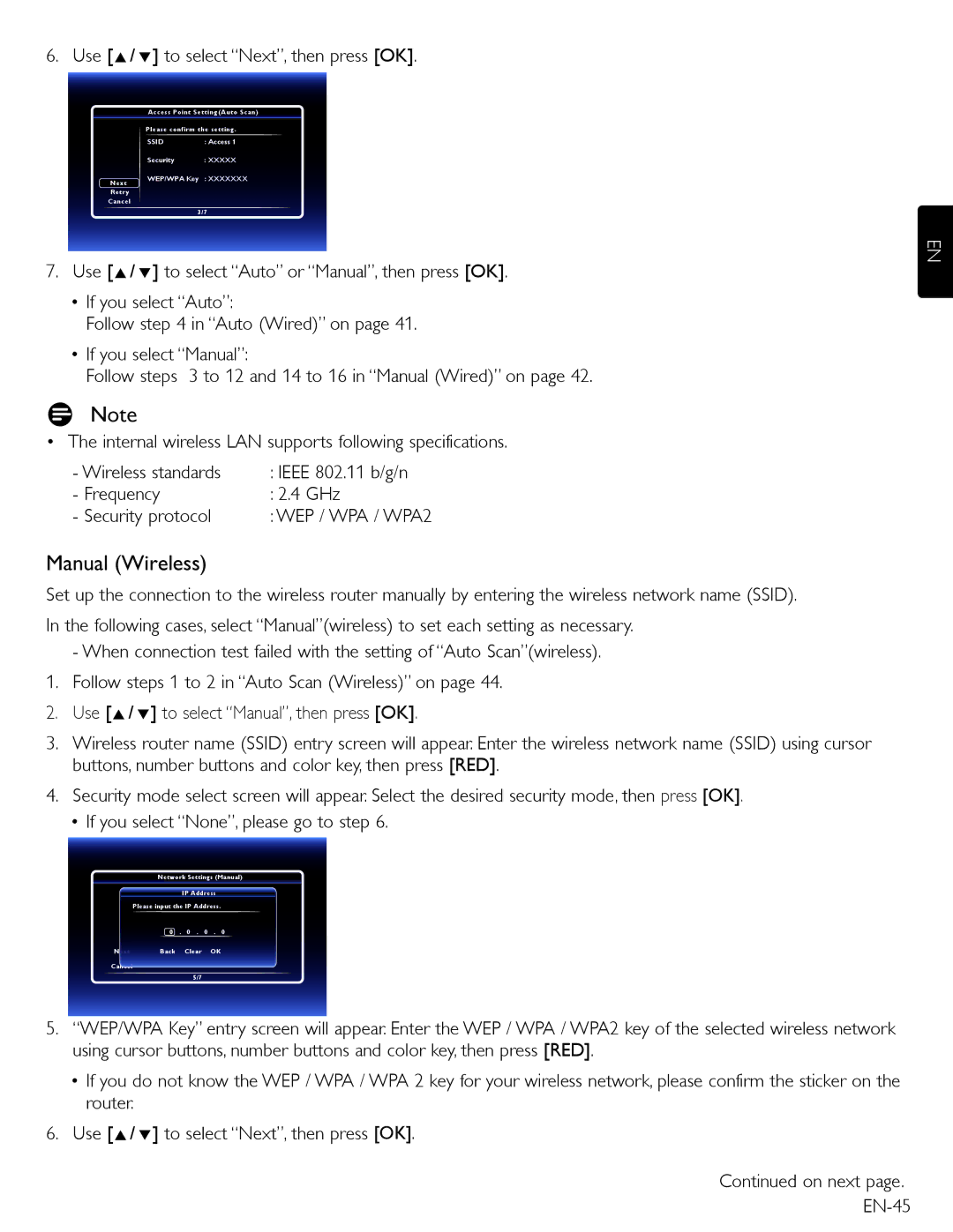 Magnavox MBP5210 owner manual Manual Wireless, Use Î/ ï to select Next, then press OK 