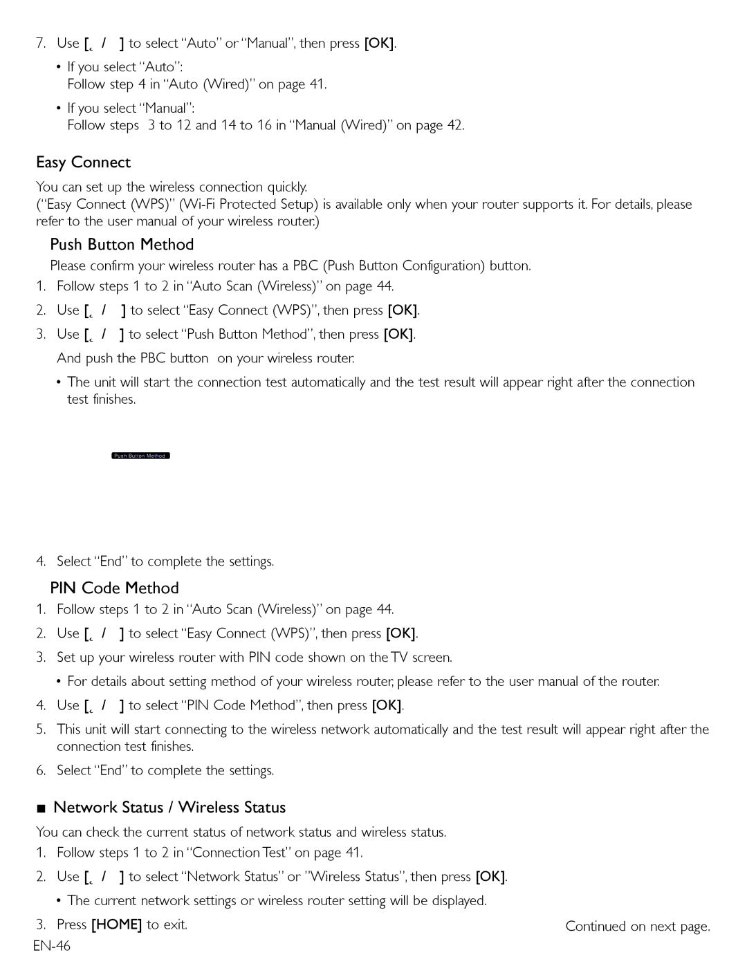 Magnavox MBP5210 owner manual Easy Connect, Push Button Method, PIN Code Method, Network Status / Wireless Status 