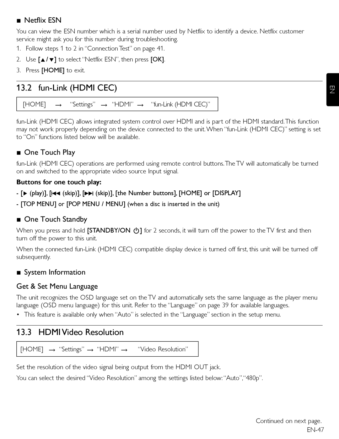 Magnavox MBP5210 owner manual Fun-Link Hdmi CEC, Hdmi Video Resolution 