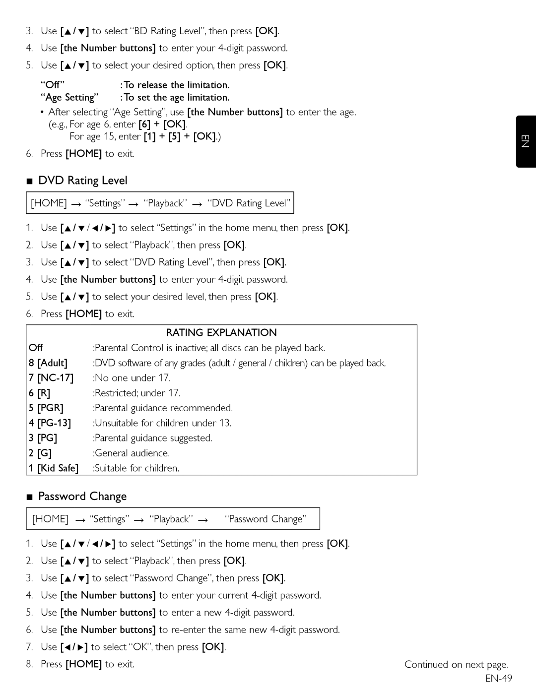 Magnavox MBP5210 DVD Rating Level, Password Change, NC-17 No one under Restricted under, Parental guidance recommended 