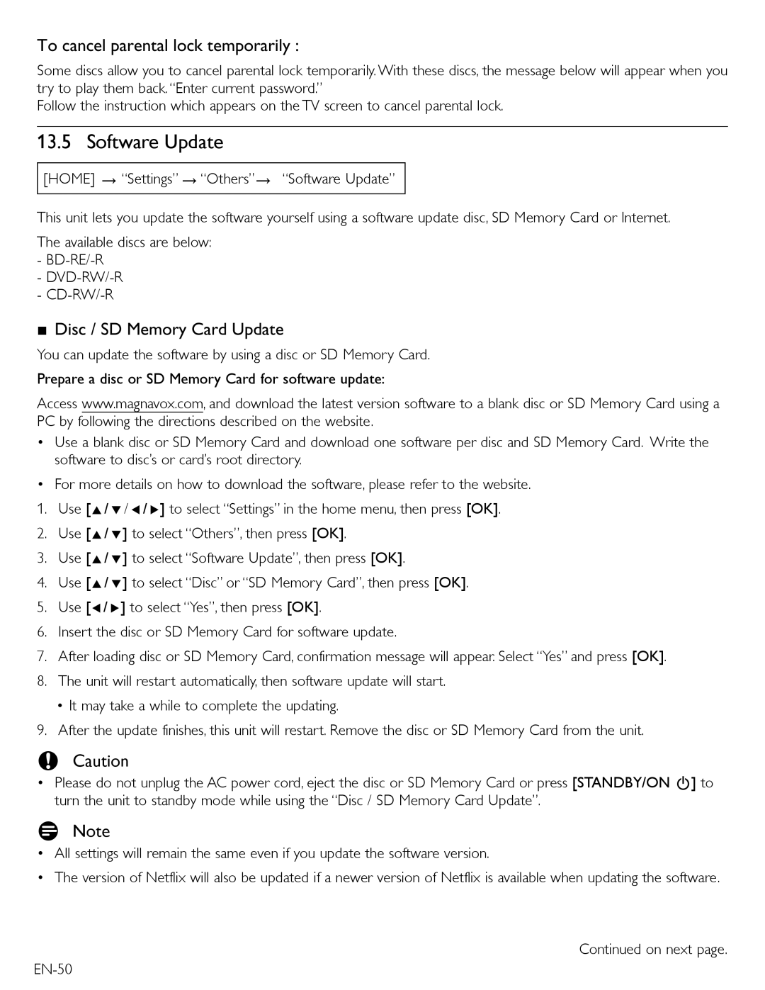 Magnavox MBP5210 owner manual Software Update, To cancel parental lock temporarily, Disc / SD Memory Card Update, Cd-Rw/-R 