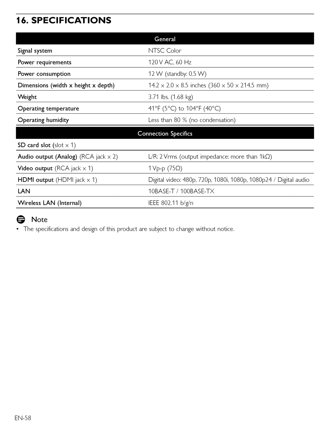 Magnavox MBP5210 owner manual Specifications, General, Connection Specifics 