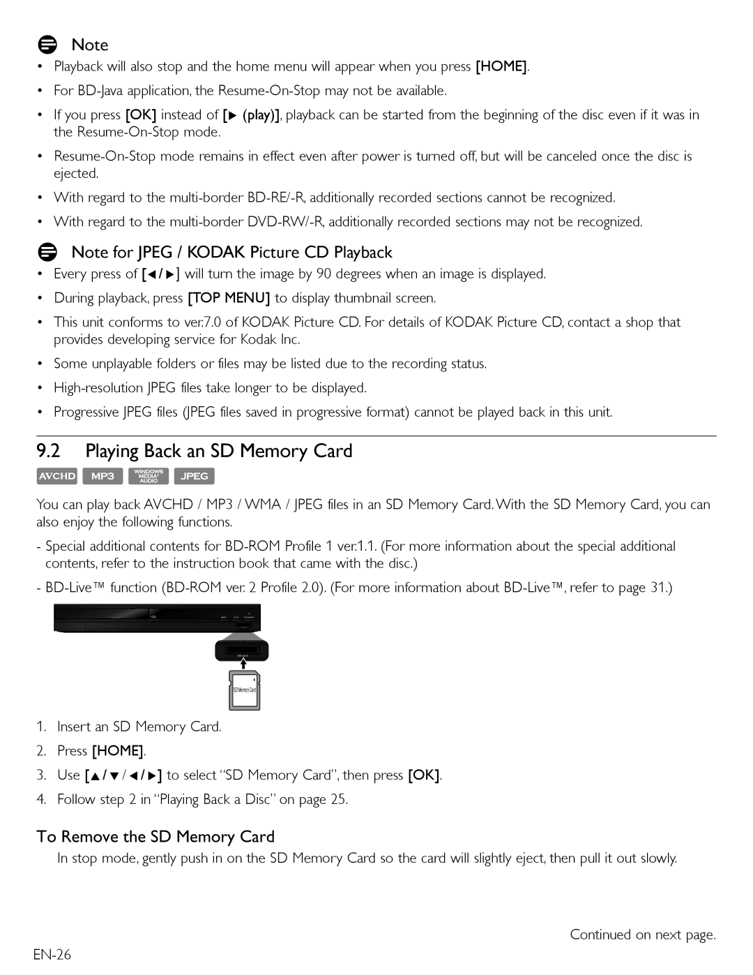 Magnavox MBP5220F owner manual Playing Back an SD Memory Card, To Remove the SD Memory Card 