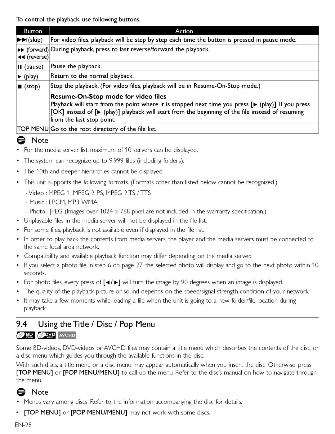 Magnavox MBP5220F owner manual Using the Title / Disc / Pop Menu, Resume-On-Stop mode for video files 