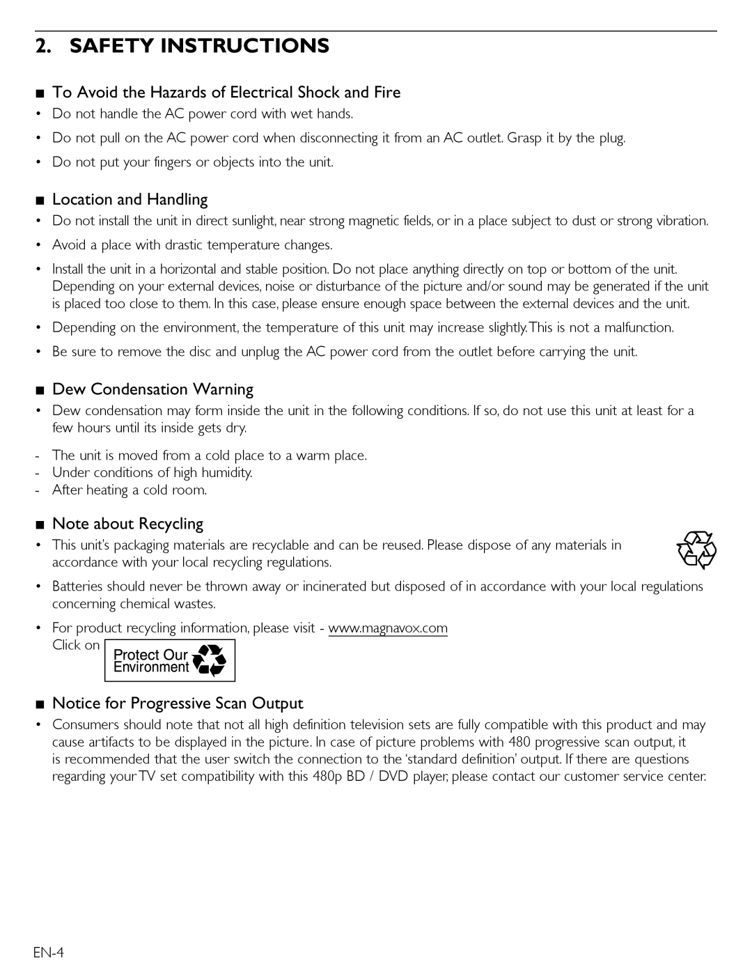 Magnavox MBP5220F Safety Instructions, To Avoid the Hazards of Electrical Shock and Fire, Location and Handling 