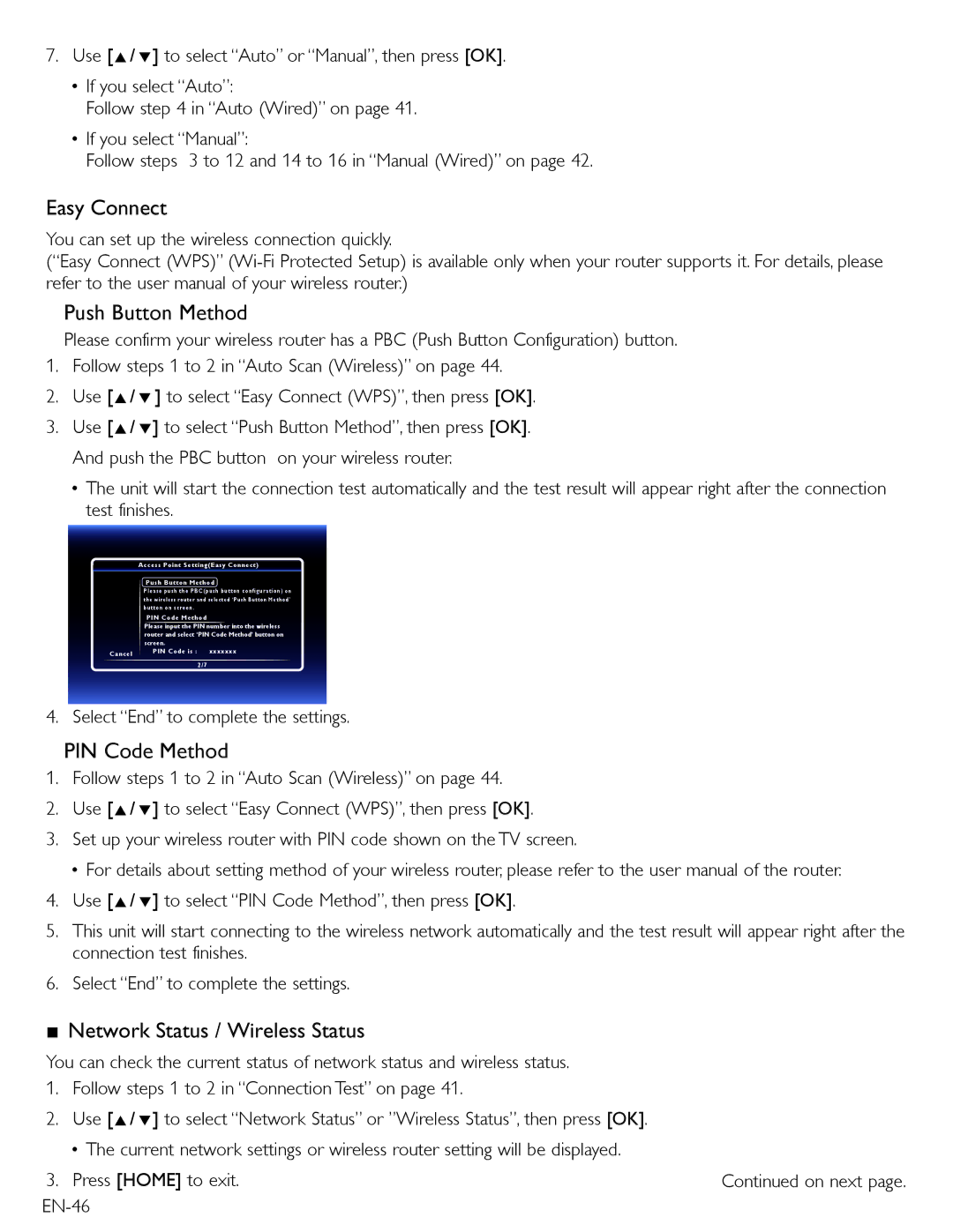 Magnavox MBP5220F owner manual Easy Connect, Push Button Method, PIN Code Method, Network Status / Wireless Status 