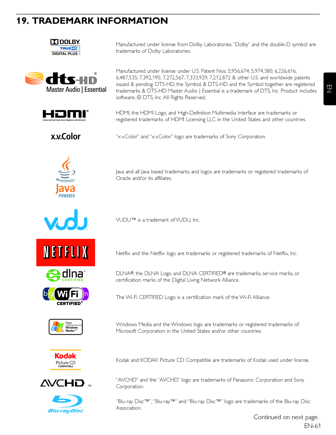 Magnavox MBP5220F owner manual Trademark Information, On next page. EN-61 