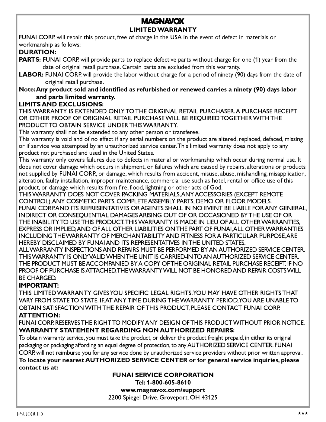 Magnavox MBP5220F owner manual Funai Service Corporation 