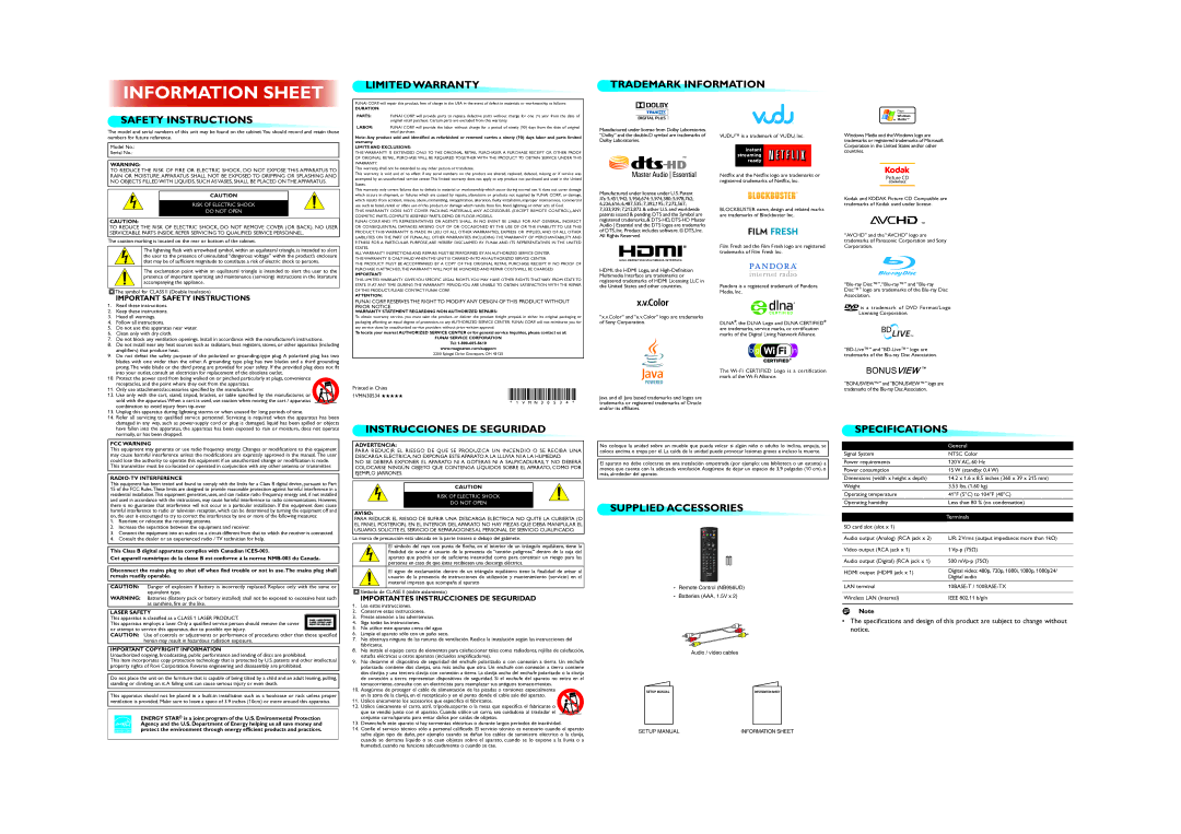 Magnavox MBP5230/F7 quick start Safety Instructions Limited Warranty, Trademark Information, Instrucciones DE Seguridad 