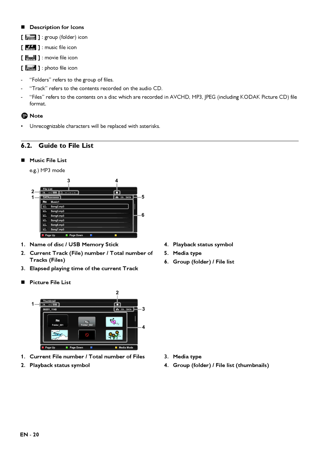 Magnavox MBP5320 owner manual Guide to File List, „ Description for Icons 