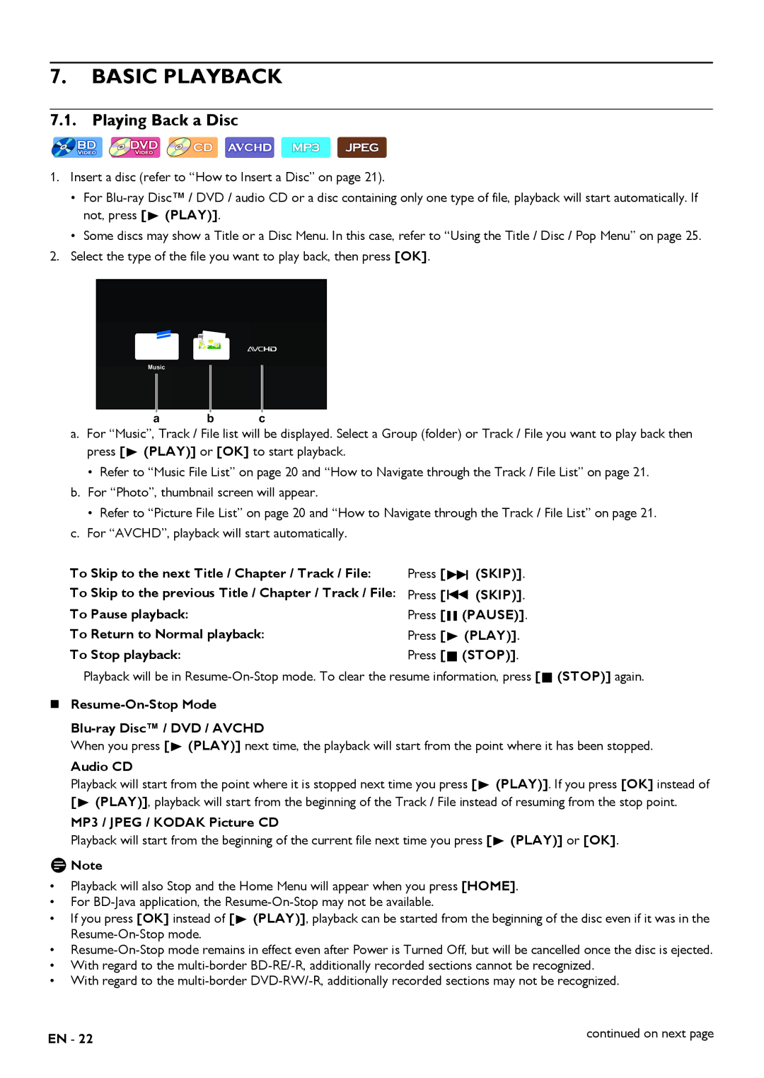 Magnavox MBP5320 Basic Playback, Playing Back a Disc, „ Resume-On-Stop Mode Blu-ray Disc / DVD / Avchd, Audio CD 