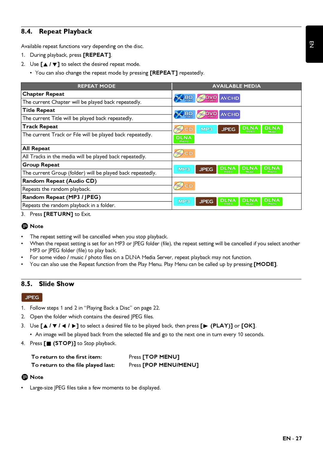 Magnavox MBP5320 owner manual Repeat Playback, Slide Show 