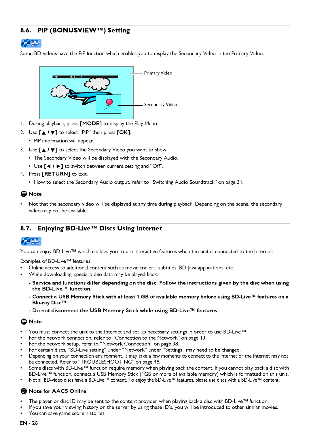 Magnavox MBP5320 owner manual PiP Bonusview Setting, Enjoying BD-Live Discs Using Internet 