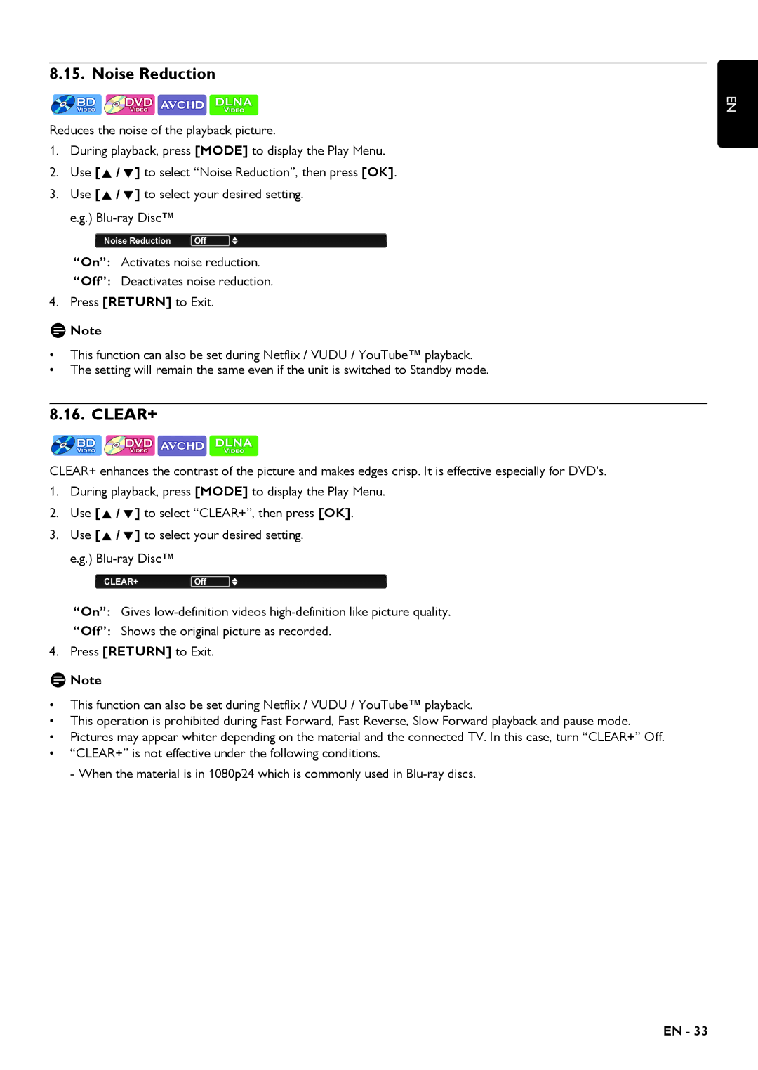 Magnavox MBP5320 owner manual Noise Reduction, Clear+ 