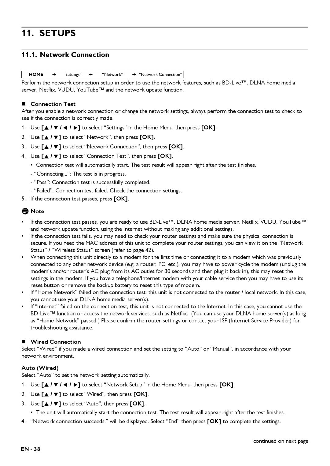 Magnavox MBP5320 owner manual Setups, Network Connection, „ Connection Test, Auto Wired 